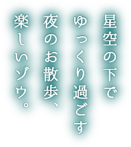 星空の下で、ゆっくり過ごす夜のお散歩、楽しいゾウ。