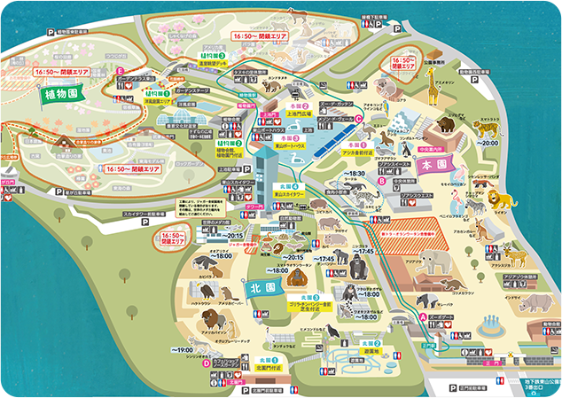 ナイトZOO&GARDEN開催期間中のイベント等の情報を記載した東山動植物園の園内MAP
