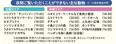 夜にご覧いただくことができない主な動物の一覧表