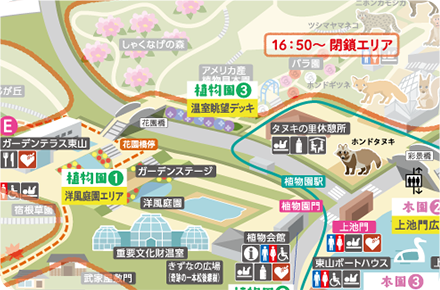 温室眺望デッキ場所付近の東山動植物園の園内MAP